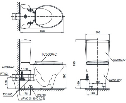 Bản vẽ kỹ thuật bàn cầu xí bệt TOTO CS945PDT8