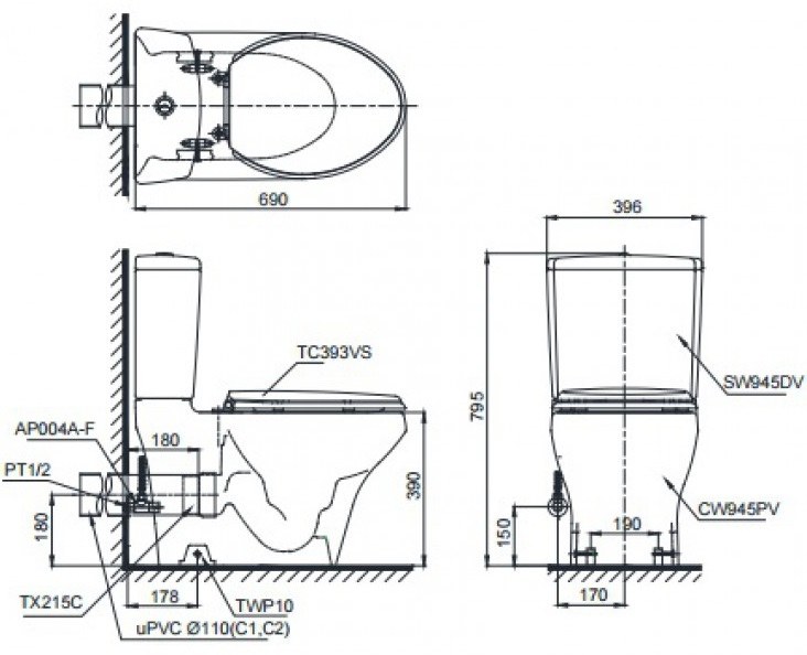 Bản vẽ kích thước bồn cầu CS945P TOTO nắp điện tử TCF23410AAA