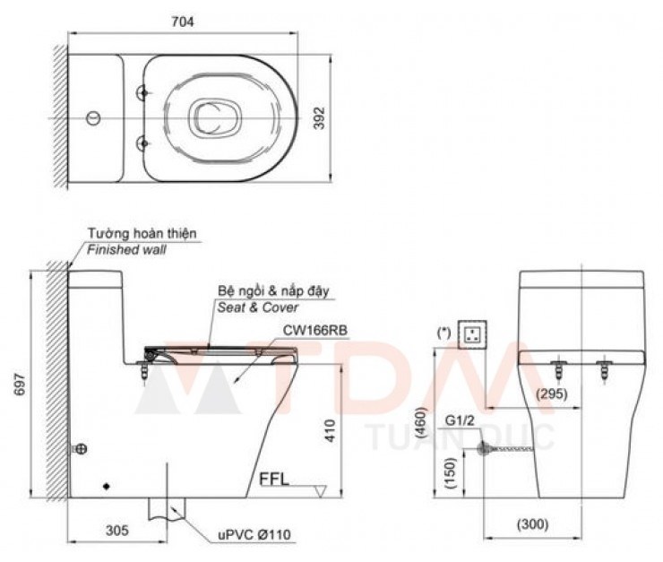 Bản vẽ kích thước bồn cầu TOTO điện tử CW166 nắp TCF 34320GAA