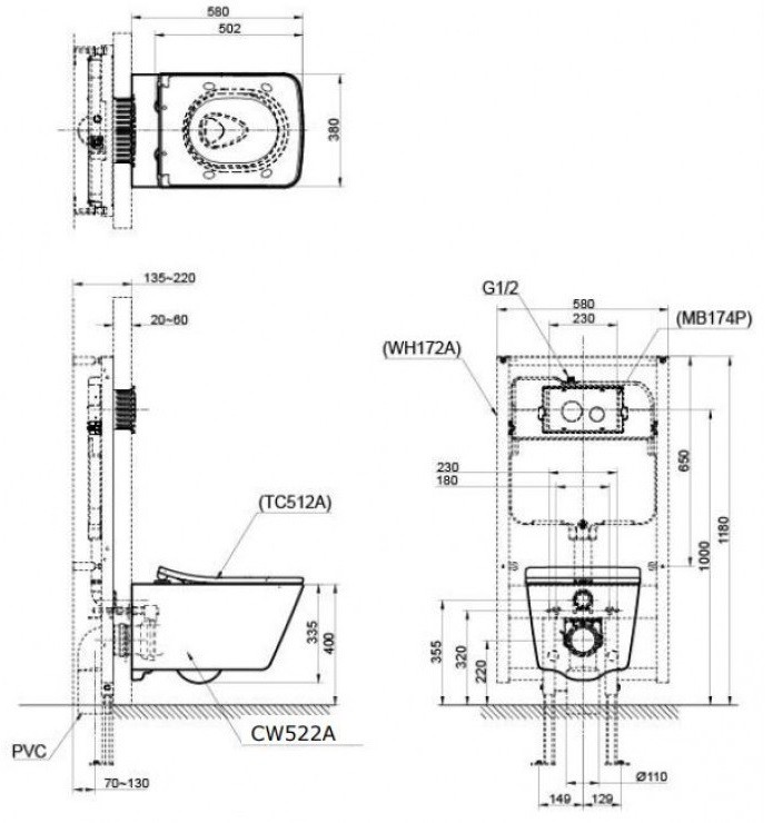 Bản vẽ kích thước xí bệt Toto CW522A WH172A MB170P#SS