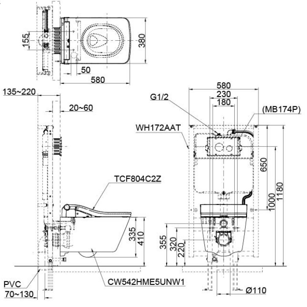 Bản vẽ kỹ thuật xí bệt CW522EA treo tường két nước âm