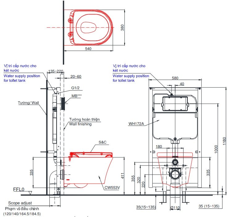 Bản vẽ kỹ thuật xí bệt TOTO CW762+TC384CVK+WH172A+MB174P#WH