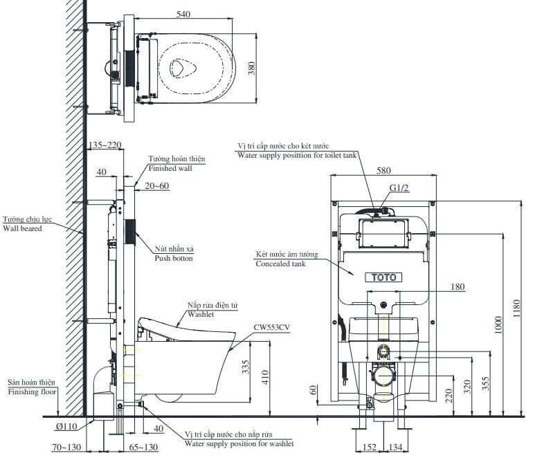 Bản vẽ kích thước xí bệt treo tường Toto CW553C