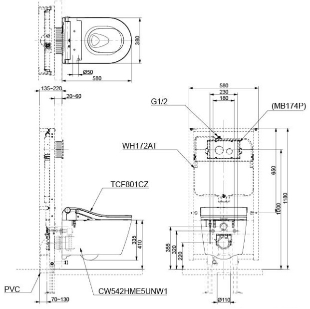 Bản vẽ bồn cầu TOTO CW542 treo tường két nước âm