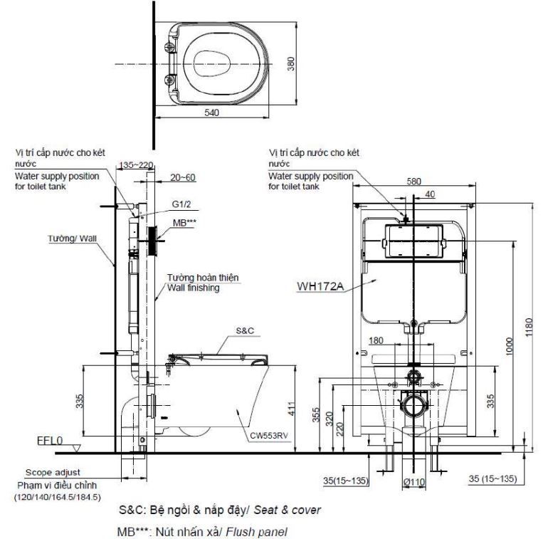 Bản vẽ kỹ thuật xí bệt TOTO CW762+TC384CVK+WH172A+MB170P#SS