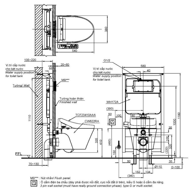 Bản vẽ kích thước bàn cầu CW822RA+TCF23410AAA+WH172A