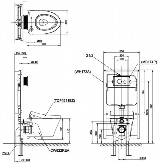 Bản vẽ kích thước bồn cầu treo tường TOTO CW822REAW