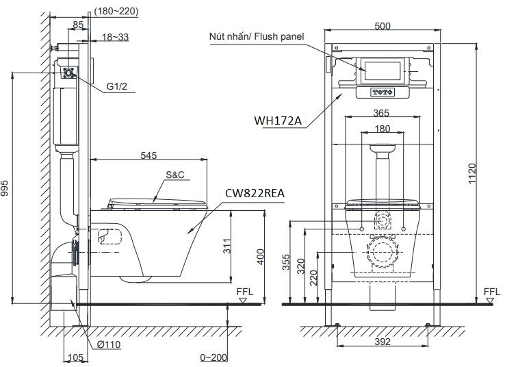 Bản vẽ kỹ thuật xí bệt TOTO CW 822 REA