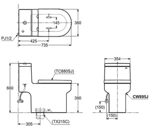 Bản vẽ kỹ thuật bàn cầu TOTO CW895