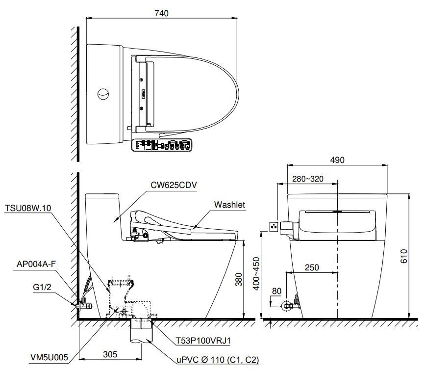 Bản vẽ kích thước bồn cầu 1 khối TOTO MS 625CDRW12