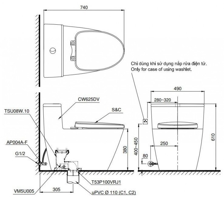 Bản vẽ kích thước bồn cầu TOTO C625 nắp TCW1211A