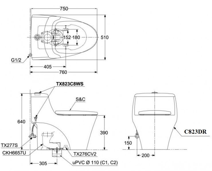 Bản vẽ kích thước bồn cầu liền khối TOTO MS823DRT3