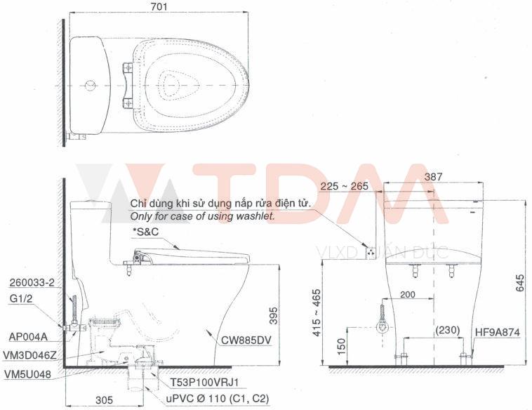 Bản vẽ bồn cầu MS885 nắp rửa điện tử TCF6631A​ TOTO