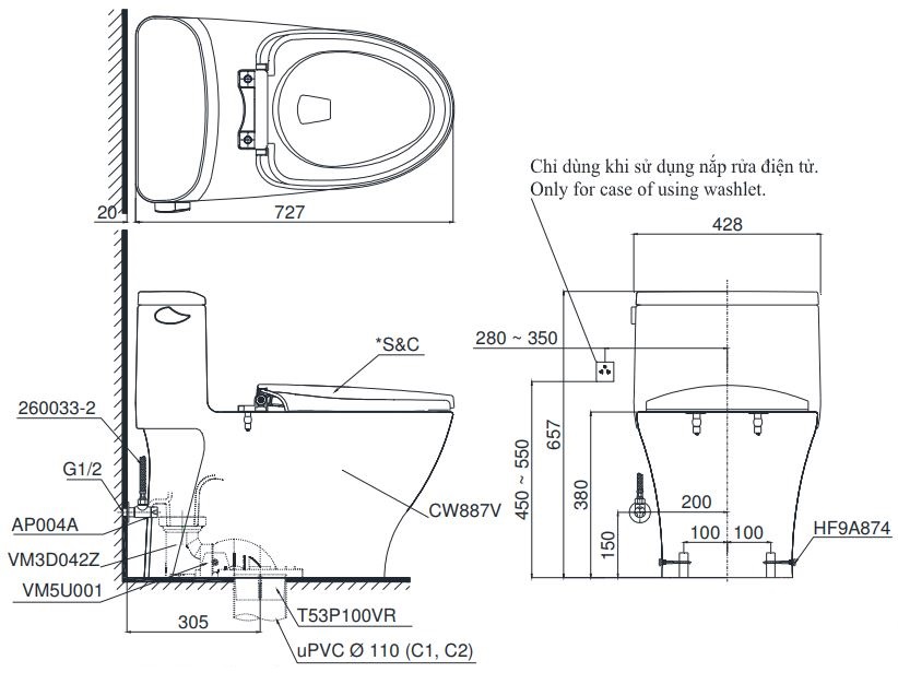 Bản vẽ bồn cầu TOTO MS887CW12 1 khối