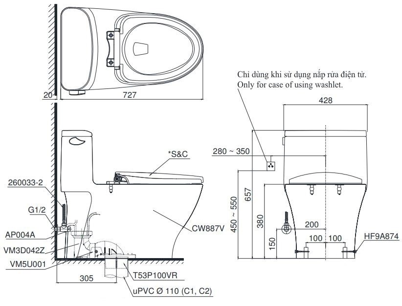 Bản vẽ kích thước bồn cầu Washlet MS887RW14 TOTO