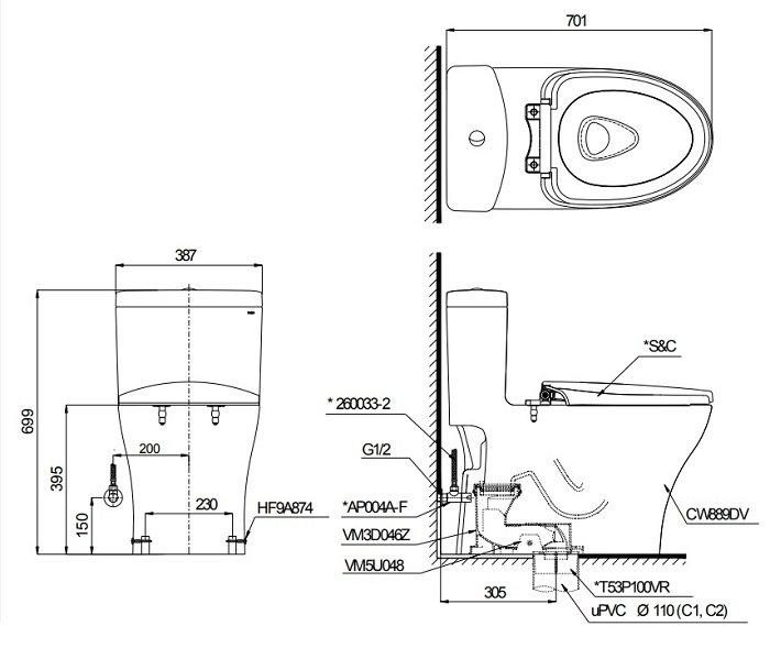 Bản vẽ kích thước bồn cầu TOTO MS889CDRW17