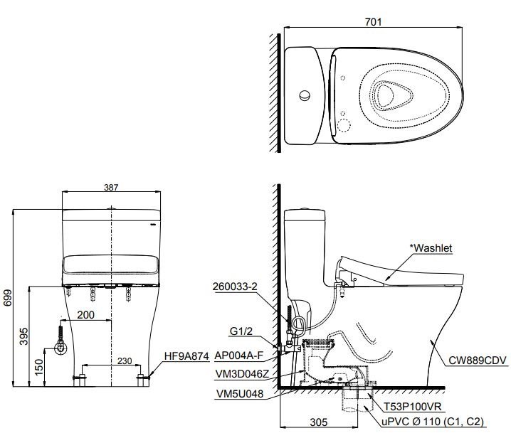 bản vẽ kích thước bồn cầu TOTO MS889CDRW15