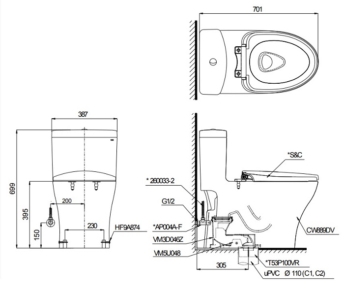 bản vẽ bồn cầu nắp điện tử TOTO MS889DW4