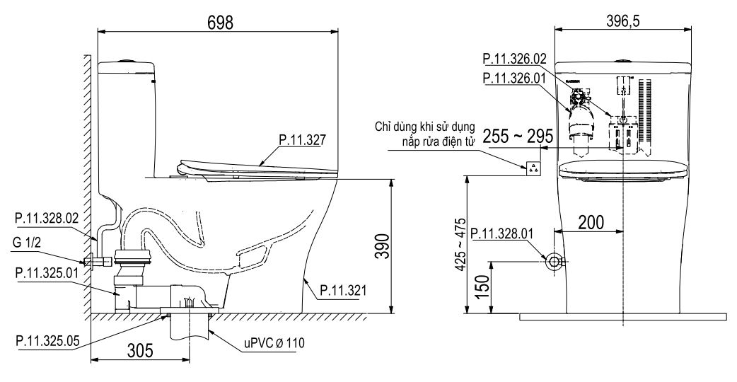 Bản vẽ bệt vệ sinh Viglacera P.11.321 Platinum dòng 321