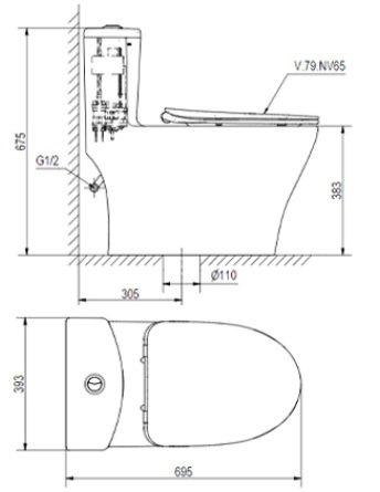 Bản vẽ bệ xí bệt V36 Viglacera liền khối