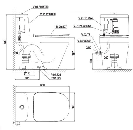 Bản vẽ bệ xí bệt V68 Viglacera 1 khối