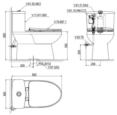 Bản vẽ bệ xí bệt V811 Viglacera 1 khối