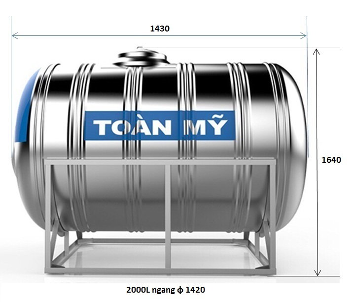 bản vẽ bồn nước Inox Toàn Mỹ 2000L ngang SUS 304 lùn