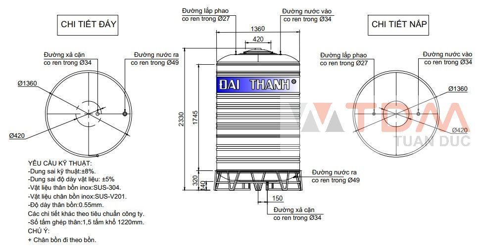 Bản vẽ bồn chứa nước inox 3000 lít Đại Thành SUS 304