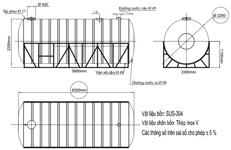 bản vẽ bồn nước inox Đại Thành 25000 lít ngang SUS 304