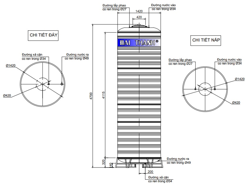 Bản vẽ téc nước inox 7.000 lít Đại Thành SUS 304