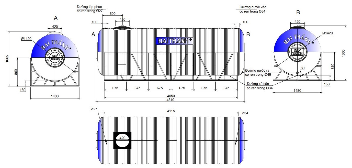 Bản vẽ téc nước inox 7.000 lít ngang Đại Thành SUS 304