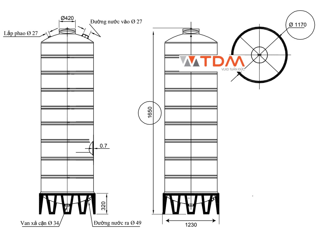 Bản vẽ bồn chứa nước inox 1500 lít Đại Thành SUS 316