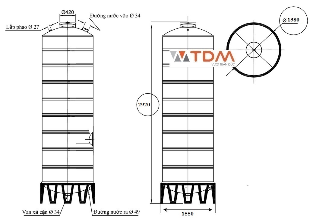Bản vẽ téc nước inox 4000 lít đứng SUS 304 Sơn Hà phi 1380
