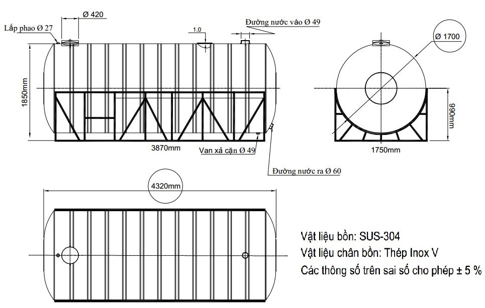 Bản vẽ téc nước inox 10000L nằm Đại Thành SUS 304 phi 1700m