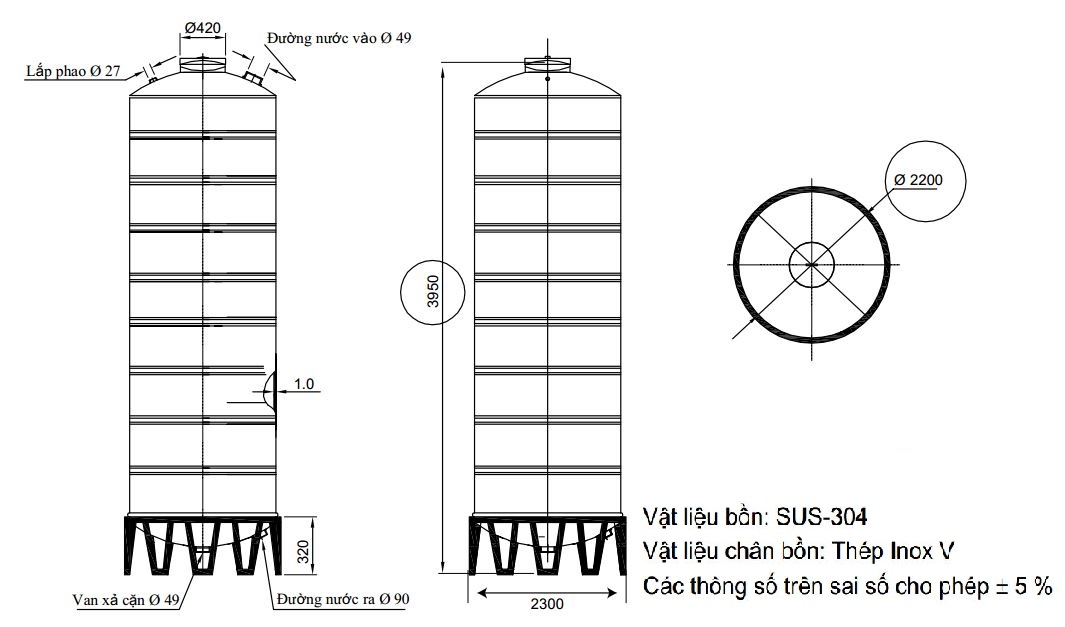 bản vẽ bồn nước inox Đại Thành 15000 lít đứng SUS 304