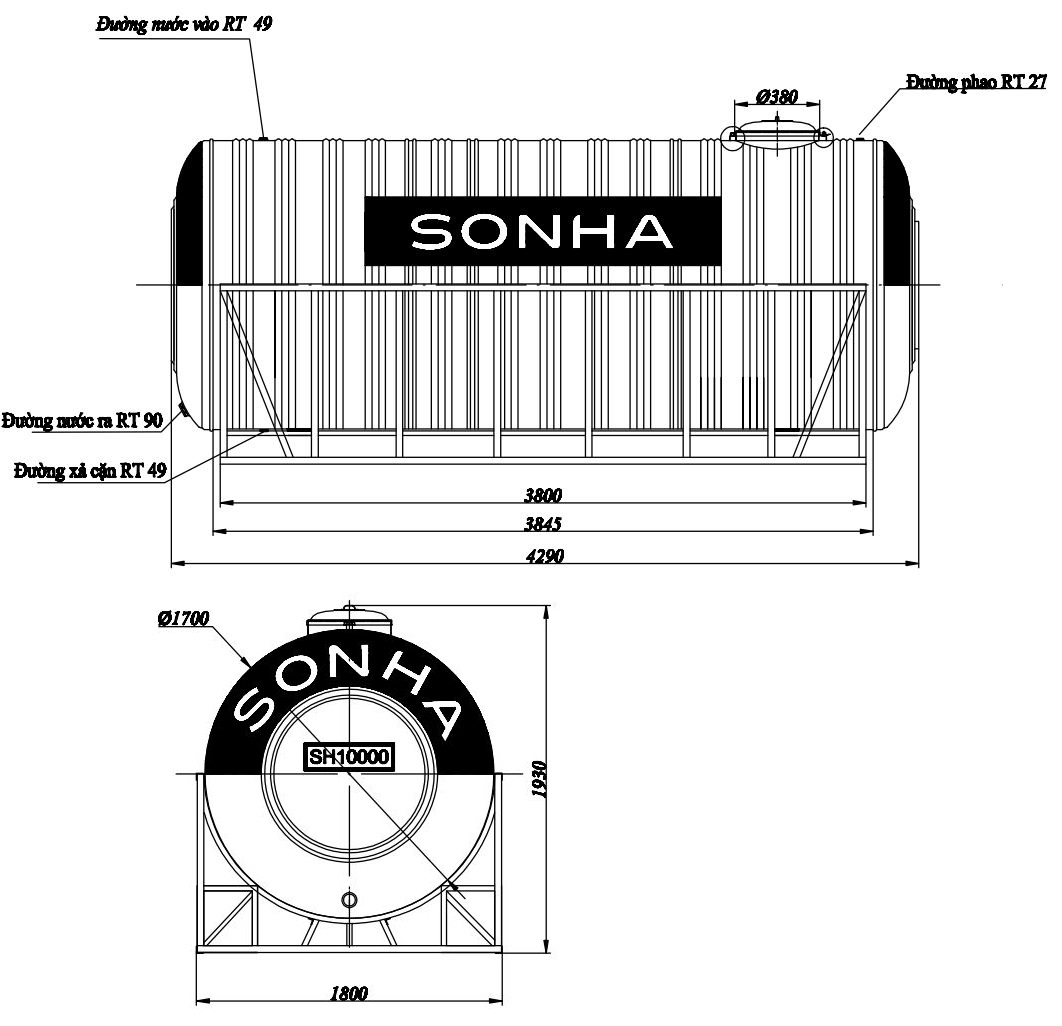 Bản vẽ téc nước inox 10000 lít ngang SUS 304 Sơn Hà phi 1700