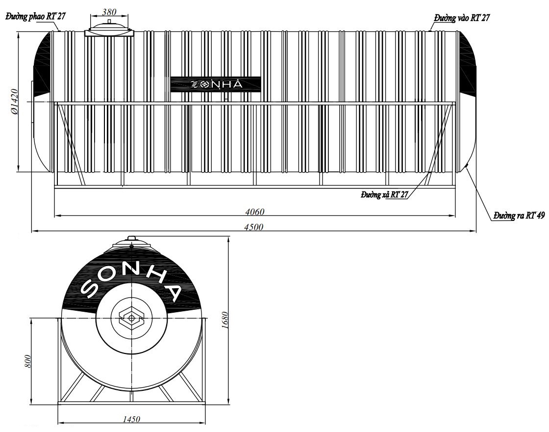 Bản vẽ téc nước inox 7000 lít ngang SUS 304 Sơn Hà phi 1420