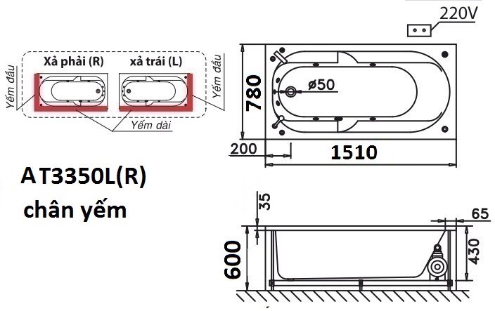 Bản vẽ kỹ thuật bồn tắm dài Caesar AT3350L(R) 1.5M