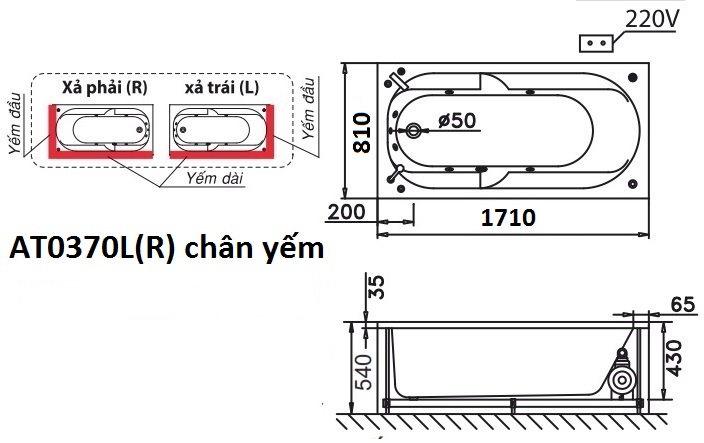 Bản vẽ kỹ thuật bồn tắm dài Caesar AT0370L(R) 1.7M