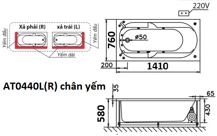 Bản vẽ kỹ thuật bồn tắm dài Caesar AT0440L(R) 1.4M