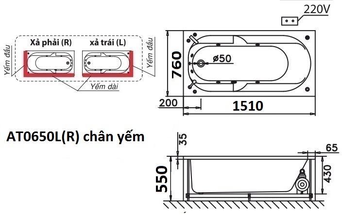 Bản vẽ kỹ thuật bồn tắm dài Caesar AT0650L(R) 1.5M