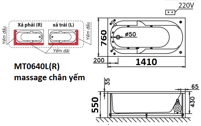 Bản vẽ kỹ thuật bồn tắm dài Caesar MT0640L(R) 1,4M