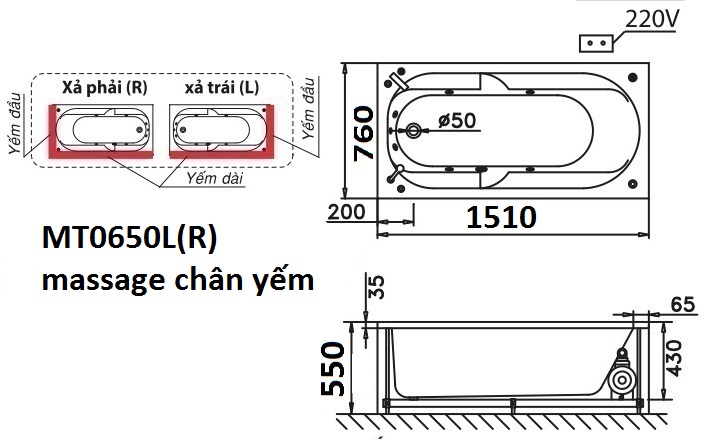 Bản vẽ kỹ thuật bồn tắm dài Caesar massage MT0650L(R) 1.5M