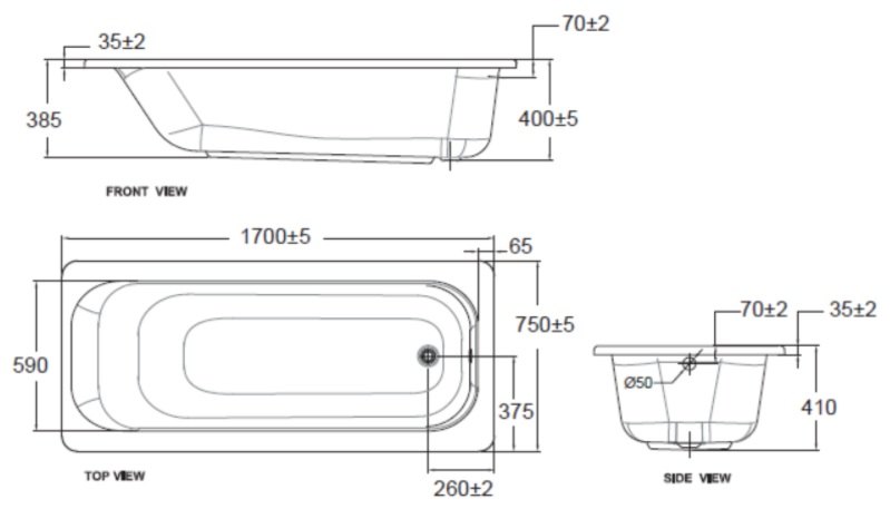 Bản vẽ kích thước bồn tắm xây American 70270P-WT 1.7 mét