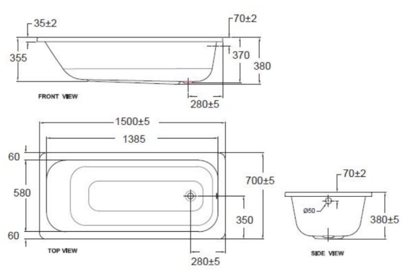 Bản vẽ kích thước bồn tắm nằm 70280-WT American 1.5 mét