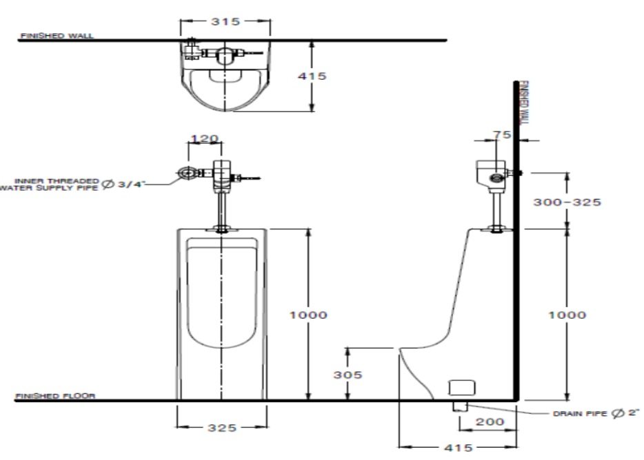 Bản vẽ kích thước bồn tiểu C31207 Cotto đặt sàn