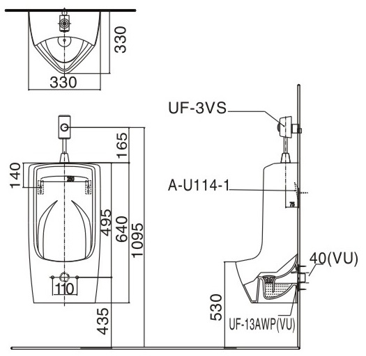 Bản vẽ bệ tiểu nam treo tường AU431V INAX