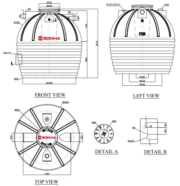 Bản vẽ kích thước bồn tự hoại 1000 lít đứng Sơn Hà