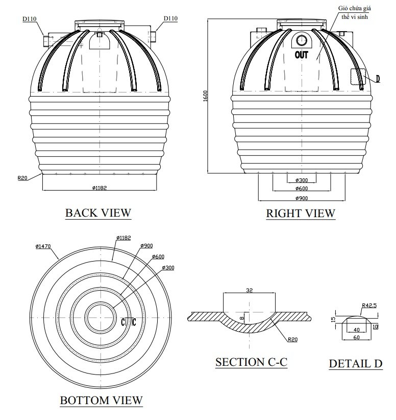 Bản vẽ kích thước bồn tự hoại 2000 lít đứng Sơn Hà