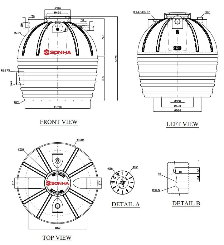 Bản vẽ kích thước bồn tự hoại 2500 lít đứng Sơn Hà
